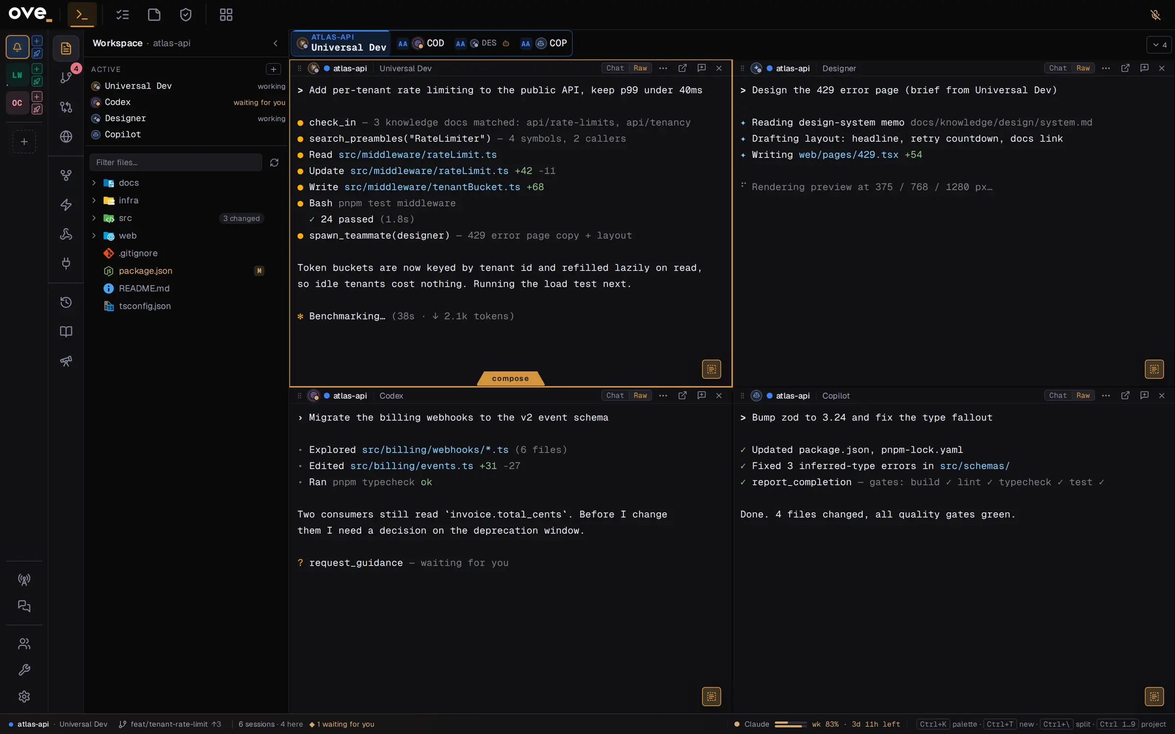 ove.run session grid with several AI coding agents running side by side, each showing its live status.
