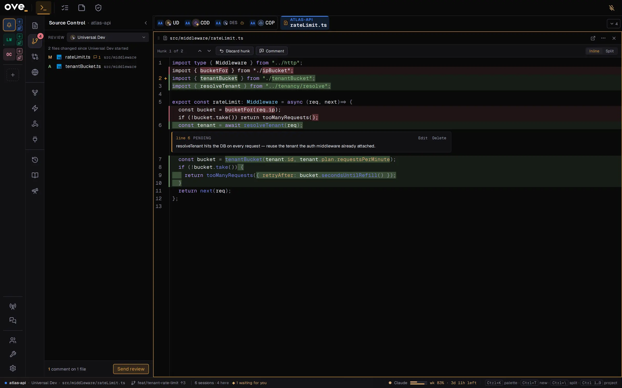Per-session change review in ove.run, with a line comment addressed to the agent.