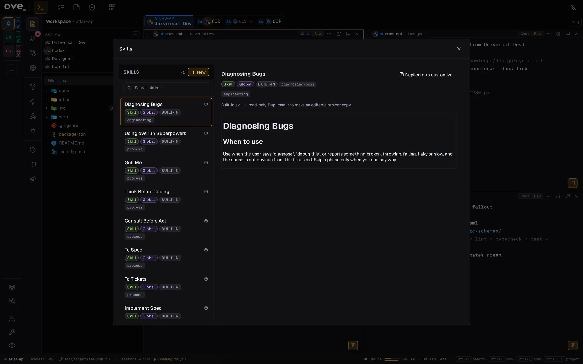 ove.run Skills view listing bundled skills, with options to create a new skill or duplicate a built-in.