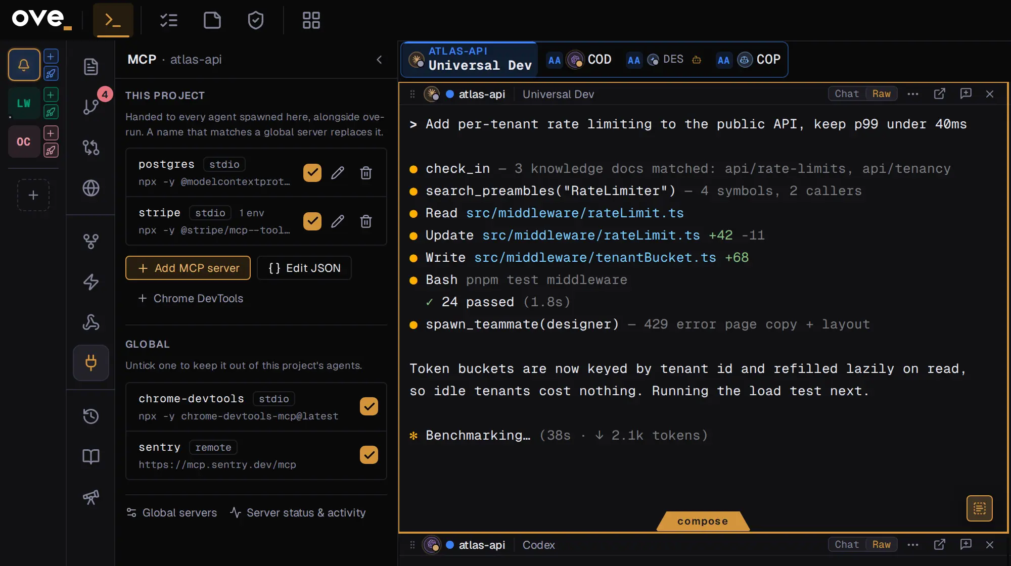 ove.run MCP editor showing global and project-level servers, with a Chrome DevTools preset and an Edit JSON option.