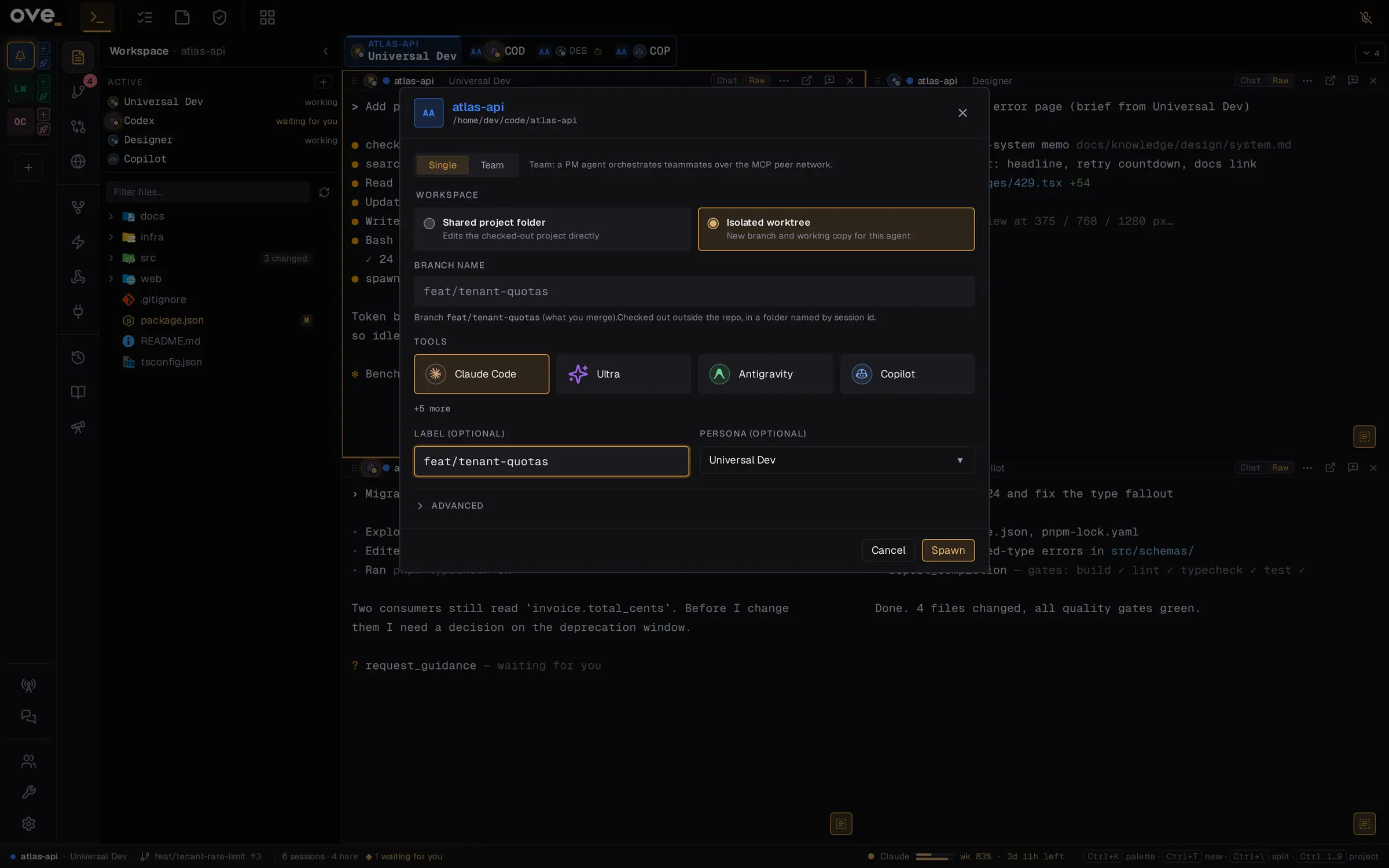 ove.run New session dialog offering a shared project folder or an isolated worktree.